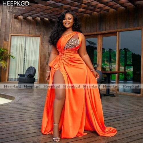 Maxi Organza Mermaid Evening Dress One Shoulder High Slit Beads Satin Black Girls Wedding Party Gowns Plus Size Evening Dresses