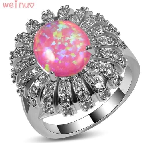 Weinuo Pink Opal White Crystal Flower Type Ring 925 Sterling Silver Top Quality Jewelry Wedding Ring Size 5 6 7 8 9 10 11 A281