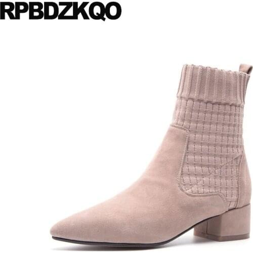 Shoes Square Toe Ankle Slip On European High Quality Chunky Women Boots Medium Heel Pink Winter Knit Sheepskin Pointed Stretch