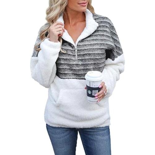 Pullover women sweatshirt autumn winter v neck long sleeve patchwork color tops fashion zipper warm plush casual women pullover