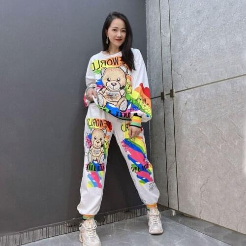 Womens Loose Colorfur Diamond Bear Two Piece Outfits Tracksuit Long Sleeve White Sweatshirt Hooded Sets for Ladies Sweatsuits