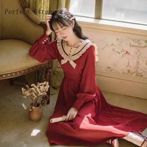 2021 Autumn New Arrival High Quality Retro Round Collar Bow Solid Collar Collect Waist Long Sleeve Women Long Dress