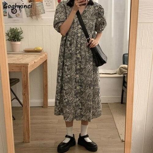 Dresses Womens Summer Floral Print V-Neck Puff Sleeve A-Line Retro Loose Oversize Vintage Leisure Single Breasted Sweet Girls