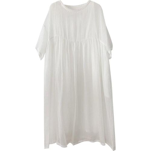 2021 spring and summer texture silk and cotton round neck medium length dress womens loose 0421