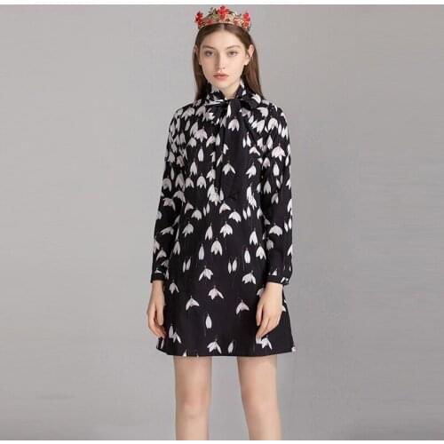2020 Fashion Runway Design Fall Casual Dress Women Magnolia Flower Print Bow Full Sleeve Vintage Dress Women vestido Short dress