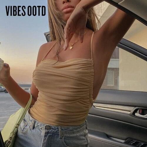 VIBESOOTD Chic Fashion Mesh Ruched Halter Sleeveless Bodysuit Women Female Tie Up Backless Body Suit Feminino Top Streetwear