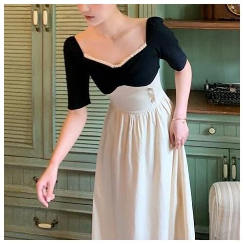 Bella French Vintage Dress Patchwork Princess Elegant Sweet Midi Dress High Waist Summer Slim Casual Party Hepburn Dress 2021