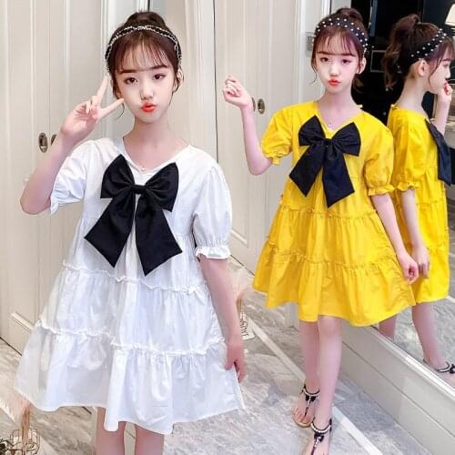 2021 Summer Girls Dresses Bow Baby Princess Dress Short Sleeve Two Colors Korean Style Kids Cotton Dresses for Children Costume