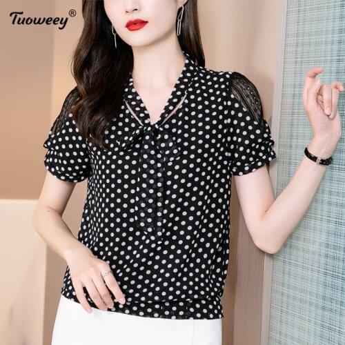 4XL Fashion polka dot Chiffon Blouse Shirt Loose Buttons Tops Casual Summer Ladies Female Women short Sleeve Blusas Pullover