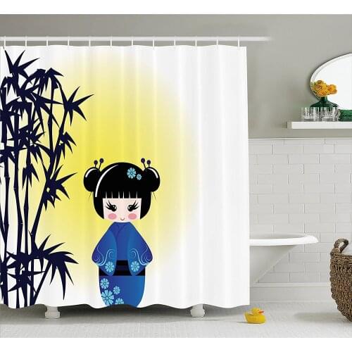 Anime Shower Curtain Illustration of a Kokeshi Doll and Bamboo Tree Japanese Asian Traditional Kimono Home Decor Bath Curtains