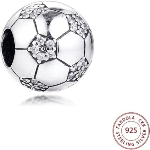 Fits Pandora Bracelet 925 Sterling Silver Sparkling Football Charms Clear CZ Sport Beads for Jewelry Making Kralen
