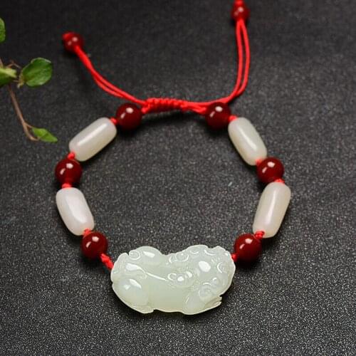 Natural hetian jade hand carved brave troops bracelets red agate for couples beads bracelet with jade bracelet
