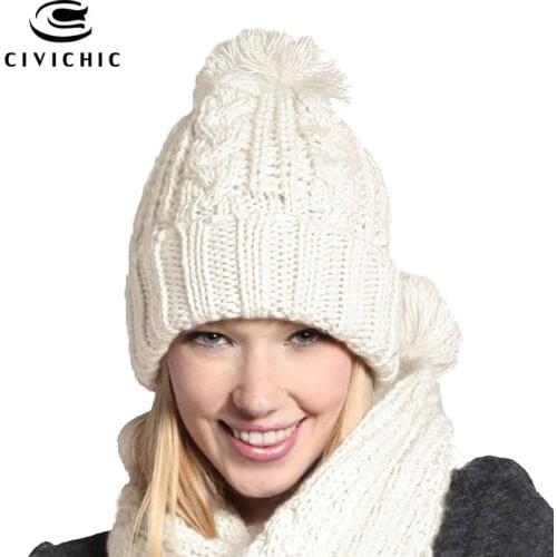 CIVICHIC Classic Warm Set Womens Knit Scarf Hat for Winter Crochet Headwear Pompon Beanies Skullies Twist Thicken Shawl SH162