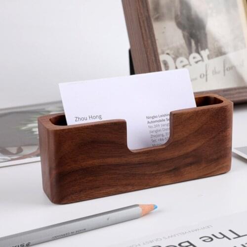 Natural Wood Business Card Holder Black Walnut Name Card Holder Organizer Office Desktop Card Display Stand Storage, 12x4.5cm