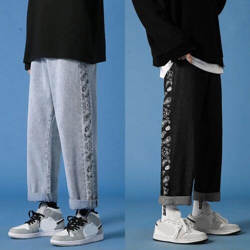 Autumn Bandana Patchwork Jeans Men Oversized Straight Hip Hop Pants Male Wide Leg Trousers Baggy Streetwear 2021 Clothes