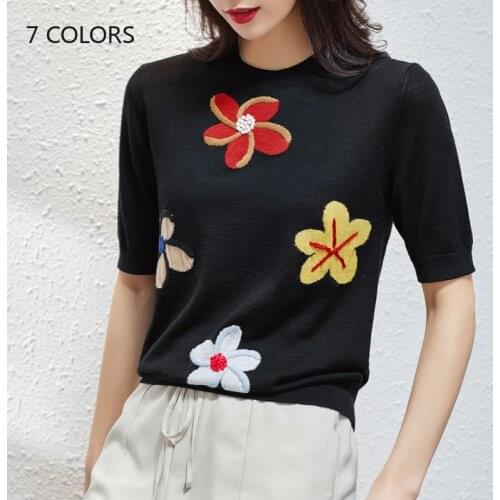 Fashion Tshirt Women 2020 Summer New Floral Appliques Black T Shirt O Neck Short Sleeve Knitted TShirt Thin Ladies Tee Tops