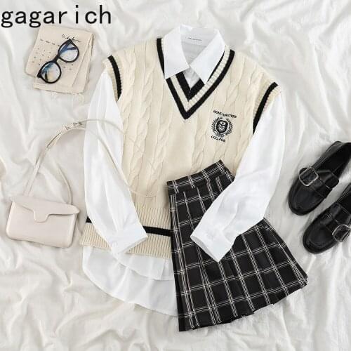 Gagarich Woman Sets 2021 Autumn New Collage Style Turn Down Collar Shirt Loose V-neck Sweater Vest High Waist Pleated Skirt Suit