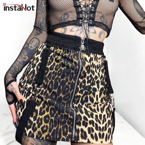 InstaHot Leopard Skirt Zipper Sexy Summer 2021 Women Pencil Skirt Straps Sexy Slim Streetwear Female Gothic Casual Patchwork