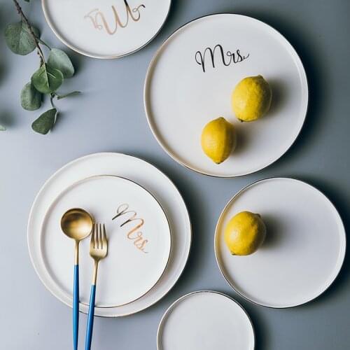 MUZITY Ceramic Plate Creative Design White Plate With Gold Inlay 6/8/10 inch Porcelain Dinner Plate Set Breakfast Set