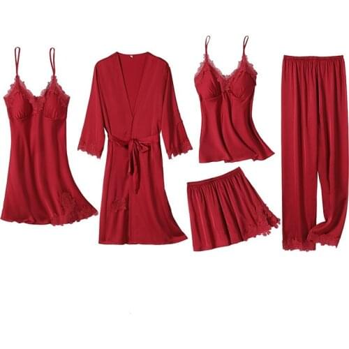 5PCS Bride Wedding Pyjamas Sets Sexy Womens Lace Sleepwear Sleep Suit Spring V-Neck Satin Pajamas Lounge Home Wear Nightwear