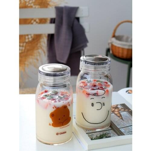 Korean student glass fresh cup children lovely girl portable simple Japanese creative transparent water cup with lid