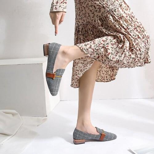Summer 2021 New Single Shoes Womens British Square Head Lattice Single Shoes Flat Roots Comfortable Womens Shoes