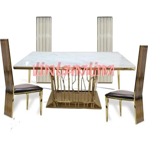 Linlamlim unique stainless steel golden dining room set with marble table and 4 leather chairs mesa de jantar muebles comedor
