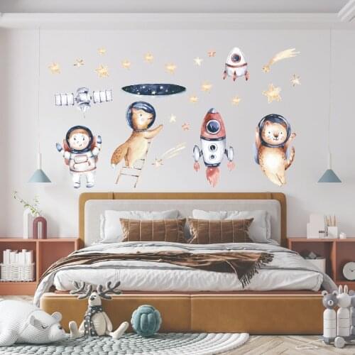 Cartoon Spaceship Animal Travel in Space Wall Stickers Cat Wall Decals for Kids Baby Nursery Room Living Room Bedroom Home Decor