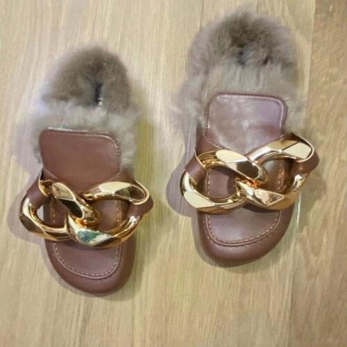 Spring Autumn New Plus Velvet Rabbit Fur Ladies Slippers Metal Chain Flat Bottom Womens Mules Comfortable Warm Outdoor Slippers
