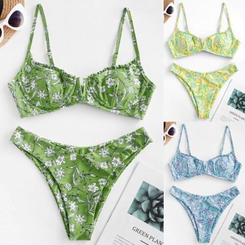 2021 Summer New Seaside Beach Sexy Printed Split Bikini Swimsuit Girl Plant Printed Flower Print Mediterranean Red Sea Swimsuit