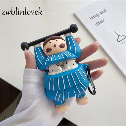New case for airpods 1 2 charging box cute weightlifting girl silicone earphone protective cover with hook accessories keyring