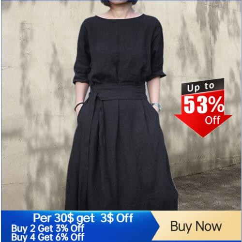 Maxi Boho Dress 2020 Spring Korean Style Solid Women Knee Party Black Dress Cotton Linen A-Line Vestido Japan Girls Dresses