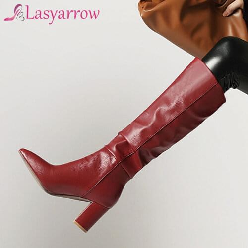 Lasyarrow 2020 High Heel Winter Boots Pointed Toe Blue Red Yellow White Black Knight Long Knee High Boots Female Shoes Plus Size