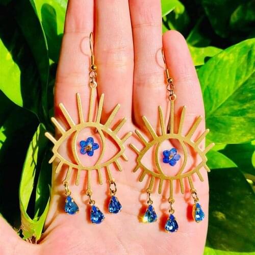 Eye Forget-Me-Not Earrings, Dangle Drops, Boho, Chic, Botanical, Florals, Geometric, Brass, Resin,Pressed Flower