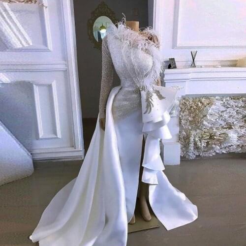 Bling Bling Feather Mermaid Wedding Dresses One Shoulder Sequined Long Sleeve Beaded Satin Bridal Gowns Saudi Arabia Vestidos