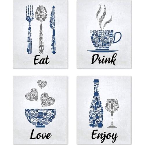 Blue Navy Cobalt Grey White Vintage Inspirational Kitchen Restaurant Cafe Bar Wall Art Decorations Eat Drink Love Wine