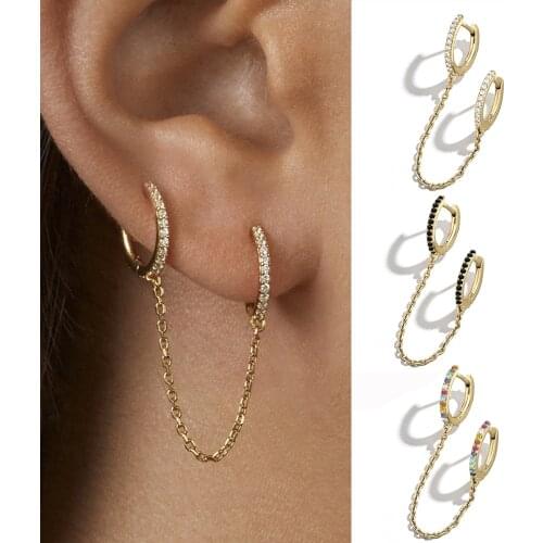 Punk Hot Sale Two Hole Piercing Round Hoop Earrings for Women Cartilage Brilliant Crystal Zircon Chain Earring Birthday Gift