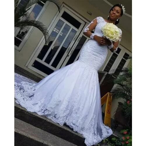 Vintage White Mermaid Wedding Dresses With Long Sleeve O Neck Appliques Beading Country Wedding Gown Bridal Dress 2019