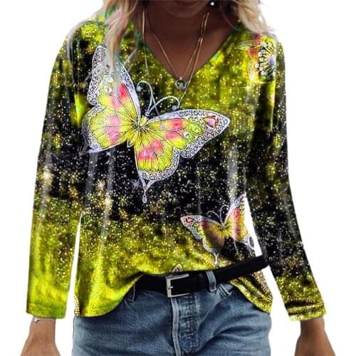 2021 Fashion Long Sleeve Women T-shirt Butterflies Print Casual Loose Breathable Fluorescent Color V Neck Autumn Top Streetwear