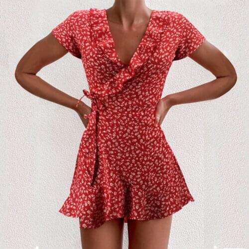 Women Fashion Short-sleeved Print Dress Summer Elegant Floral Ruffles V-neck Bandage Short Dress