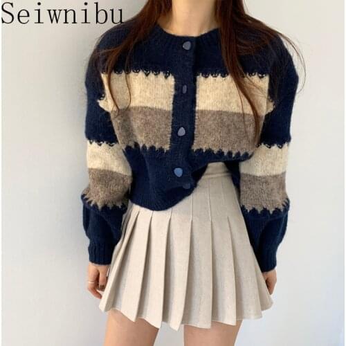 Seiwnibu patchwork Knitted Sweaters Lady Vintage Chic Cardigan Sweater Coat + High Waist Pleated Skirt Ladies Sets Outfits