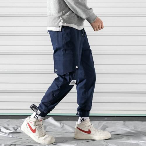 Nice Spring Pop Streetwear Mens Joggers Pants Solid Cotton Harem Pants Side-pocket Casual Cargo Pants Men