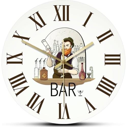 Bartender Vintage Roman Numerals Wall Clock Barman Shaker Drink Home Bar Pub Silent Clock Barkeeper Man Cave Decor Tapster Gift