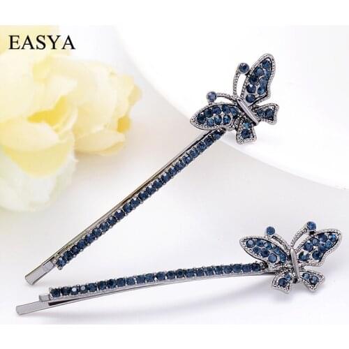 EASYA Blue Rhinestone Crystal Butterfly Cherry Flower Bowknot Hairpin Hair Clip Fashion Metal Heart Hair Barrettes Hearwear