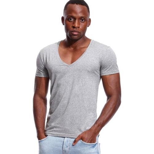 Deep V Neck T Shirt for Men Low Cut Vneck Wide Vee Tee Male Modal Drop Tail Slim Fit Short Sleeve Tshirt Invisible Undershirt