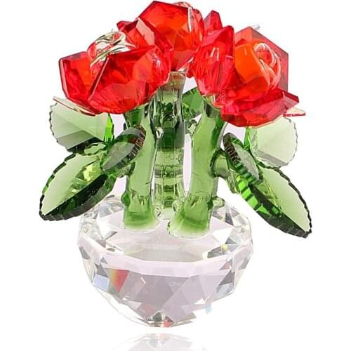 Crystal Glass Rose Flowers Spring Bouquet Ornament Paperweight Mother`s Day Christmas Wedding Gift Collectible Figurines