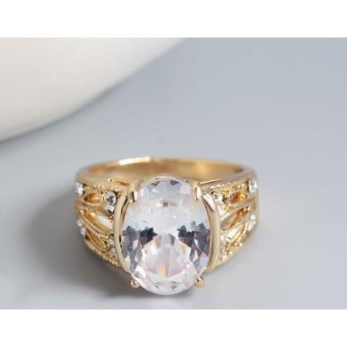 Classic Openwork Carved Gold Finger Ring Womens Ring Oval Transparent Large Zircon Lady Engagement Ring Anniversary Gift
