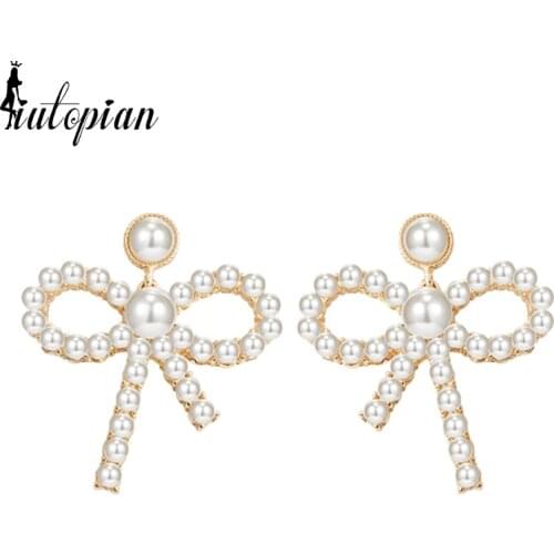 Korean Style New Arrival Bowknot Drop Pearl Earrings For Women S925 Needle Anti Allergy Daily Jewelry Gift #HJ080