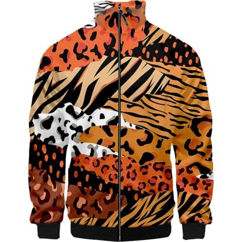 Patchwork Zebra Stripe Leopard Tiger Animal Pattern New Stand-up Collar Jacket Fashion Harajuku Streetwear Hip Hop Zipper Jacket
