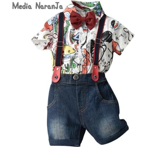 Summer Cartoon Gentleman Childrens Short-Sleeved Clothes Cropped Pants Baby Strap Two-Piece Boy Suit 5 types